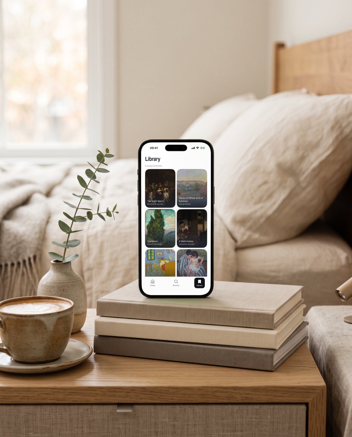 An iPhone propped on books on a bedside table, showing a YEUX Library of eight saved paintings.