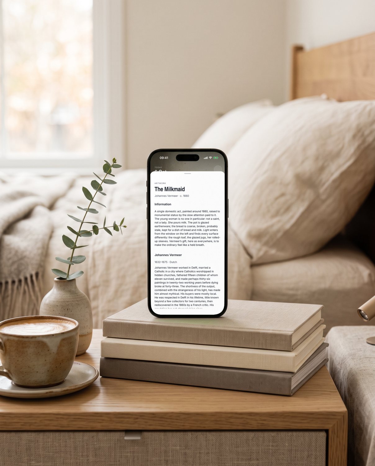 An iPhone propped on books on a bedside table, showing the story of Vermeer's The Milkmaid in YEUX.